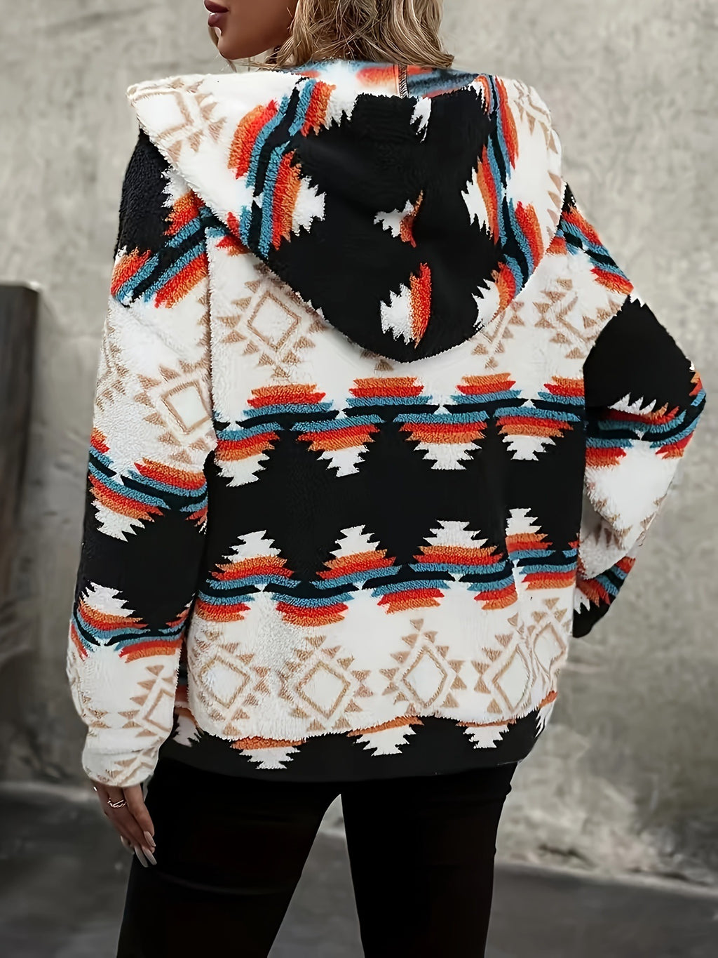 Aztec Print Sherpa Zip Hooded Jacket - White - 5