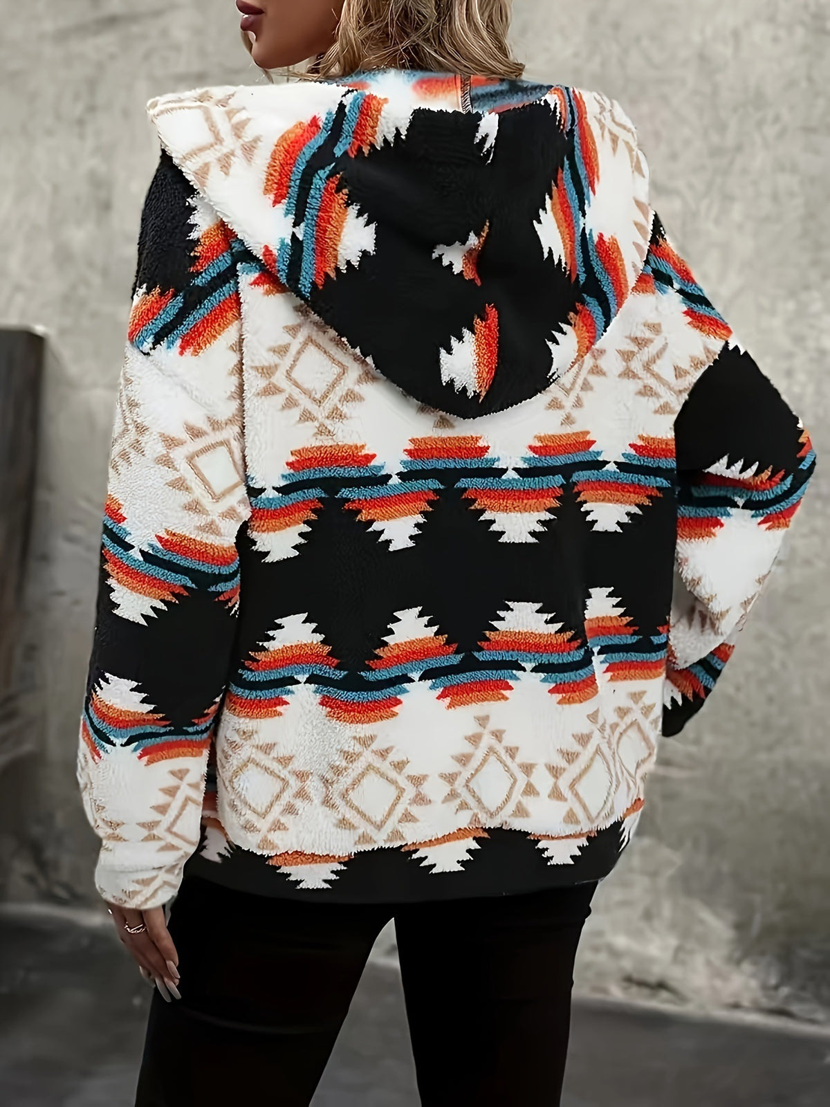 Aztec Print Sherpa Zip Hooded Jacket - White - 5