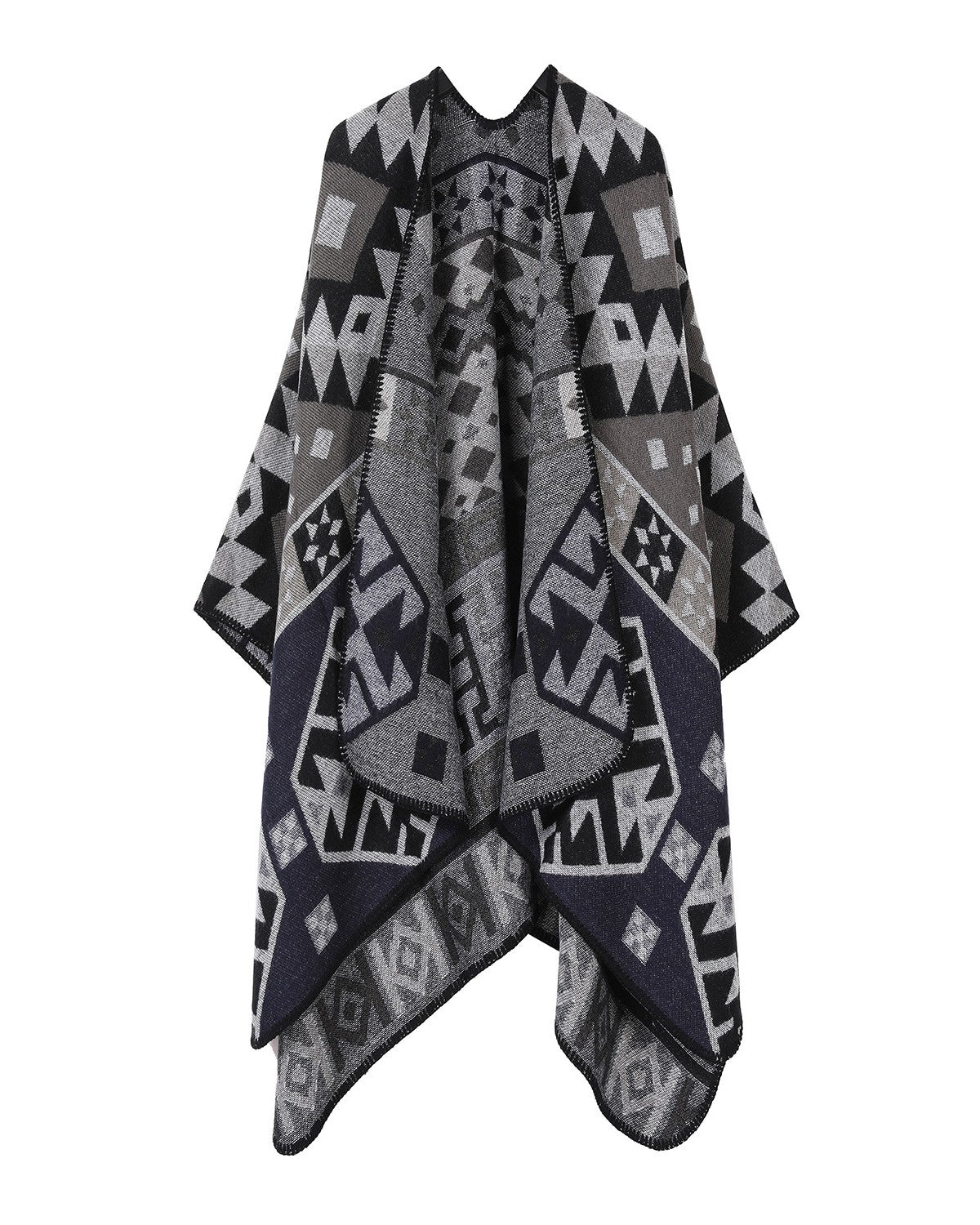 Reversible Geometric Knit Ruana Cape - Black
