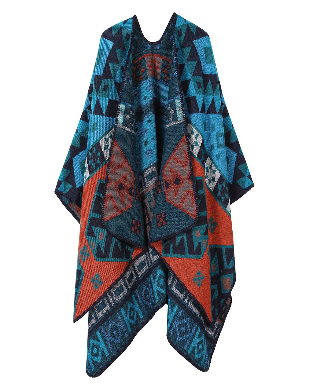 Reversible Geometric Knit Ruana Cape - Lake-Blue