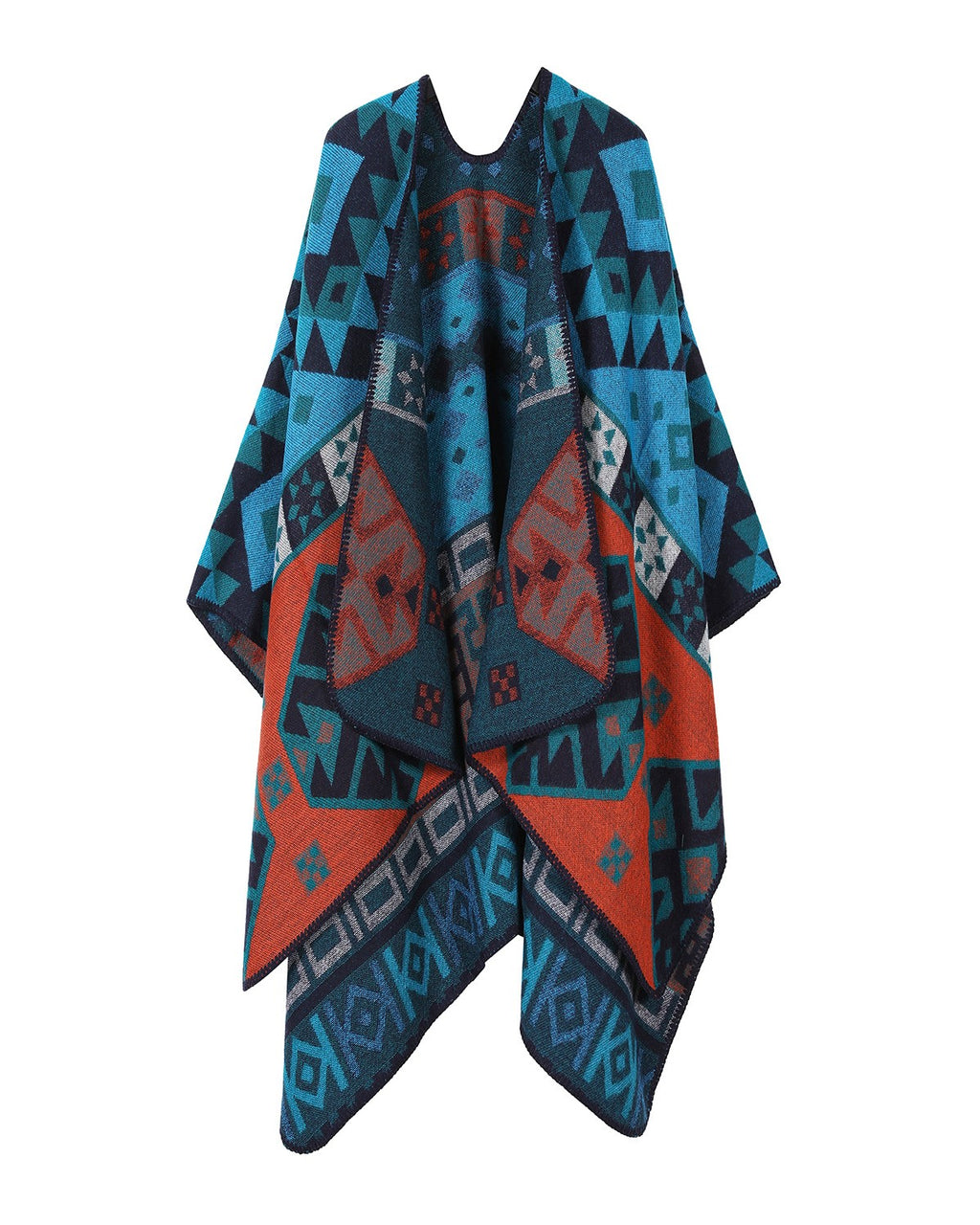 Reversible Geometric Knit Ruana Cape - Lake-Blue - 1