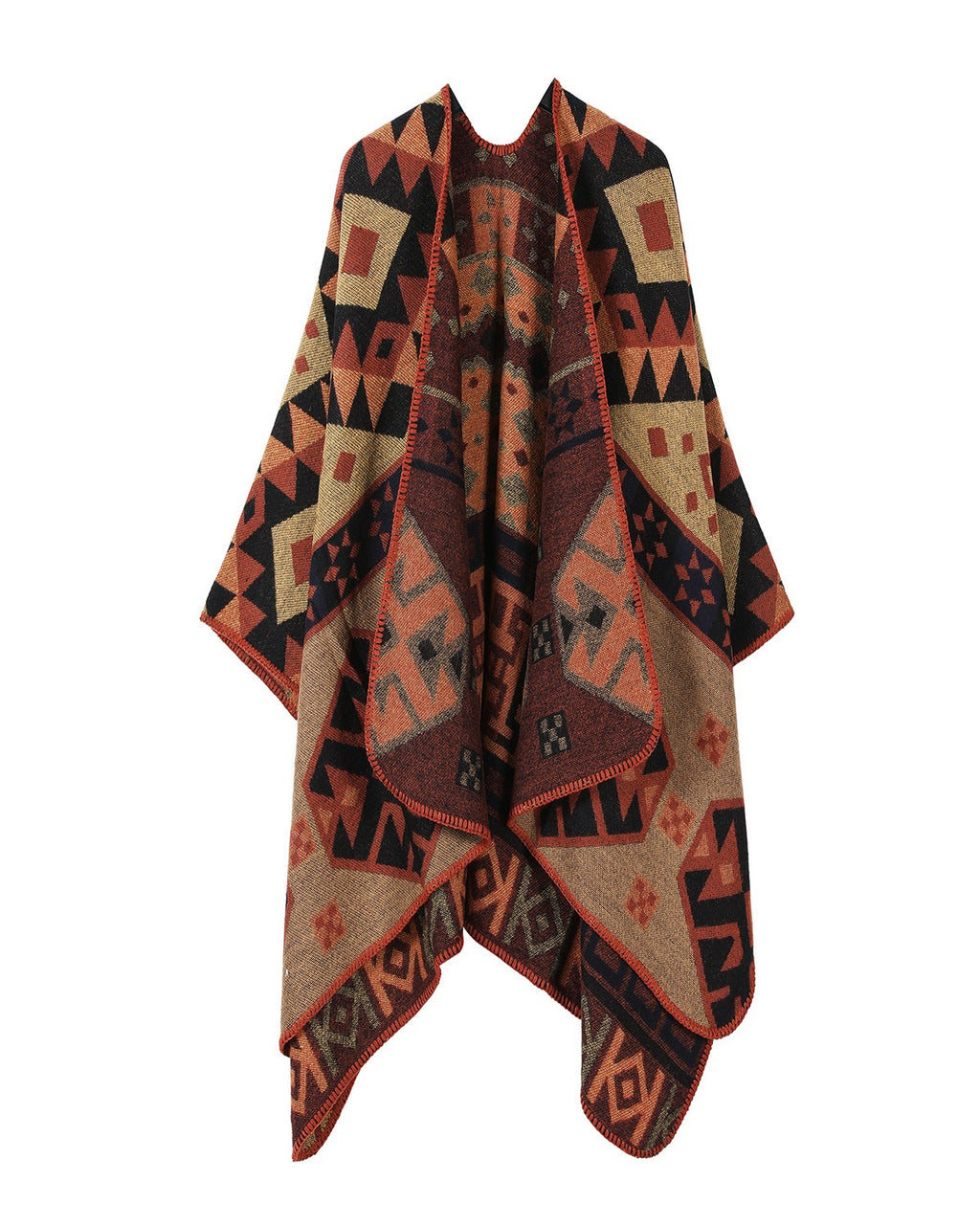 Reversible Geometric Knit Ruana Cape - Orange_2