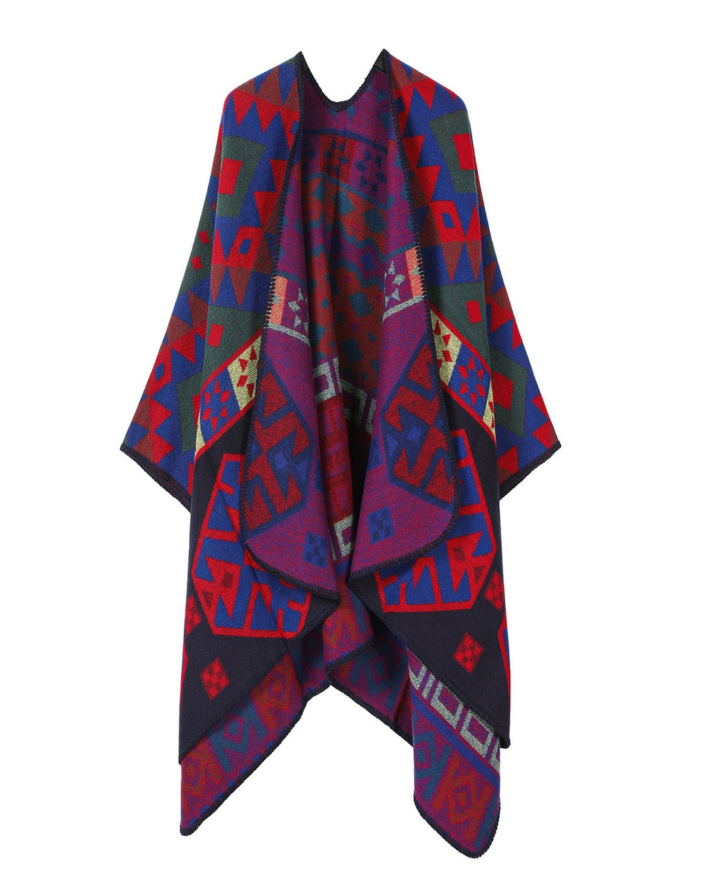 Reversible Geometric Knit Ruana Cape - Red