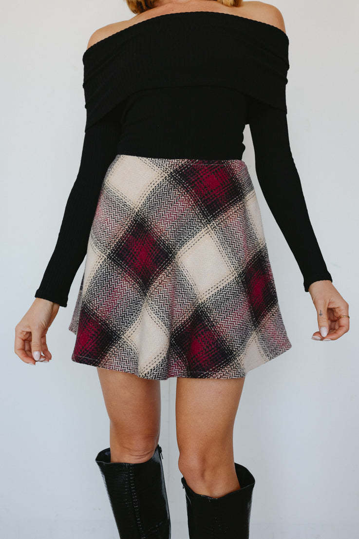Diagonal Plaid Wool Blend Flared Mini Skirt - WineRed - 1