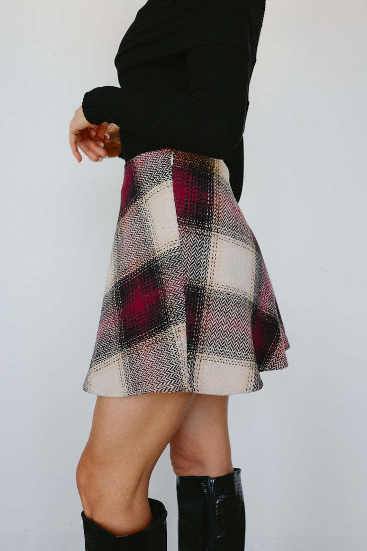 Diagonal Plaid Wool Blend Flared Mini Skirt - WineRed - 2