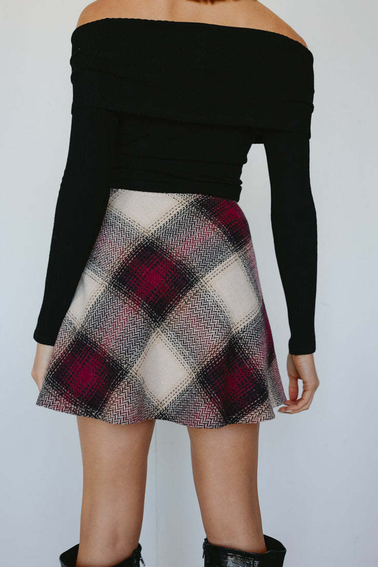 Diagonal Plaid Wool Blend Flared Mini Skirt - WineRed - 3