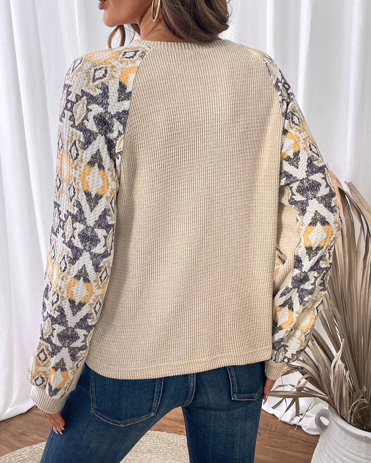 Aztec Print Raglan Sleeve Waffle Top - Khaki - 3