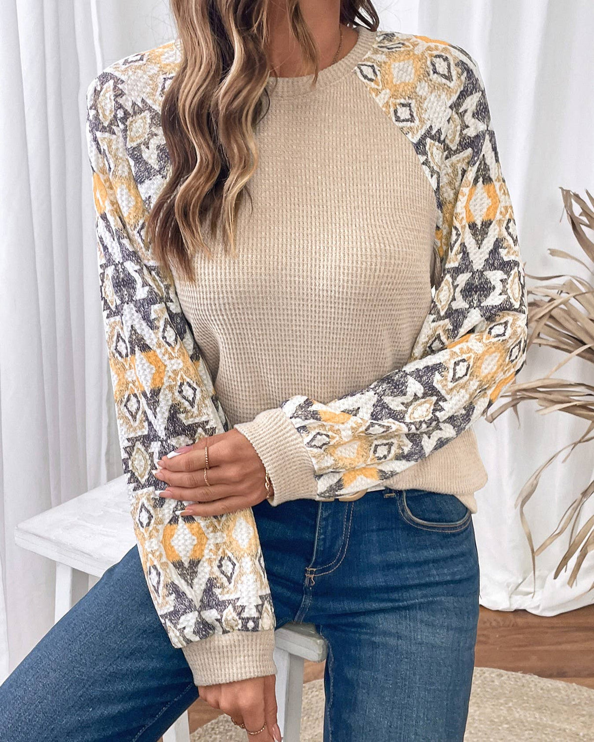 Aztec Print Raglan Sleeve Waffle Top