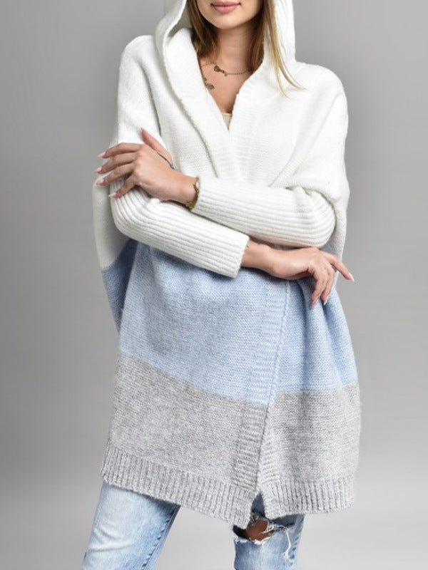 Oversized Hooded Colorblock Knit Cardigan - Blue
