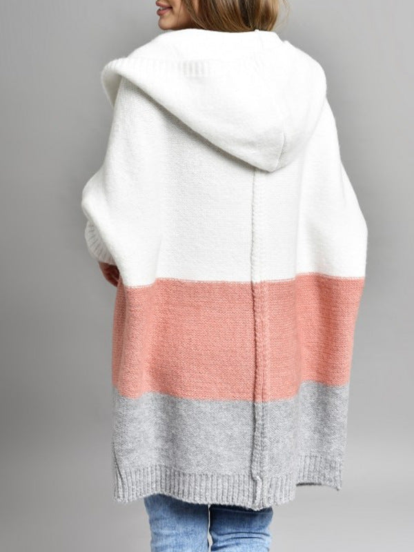 Oversized Hooded Colorblock Knit Cardigan - Pink - 1
