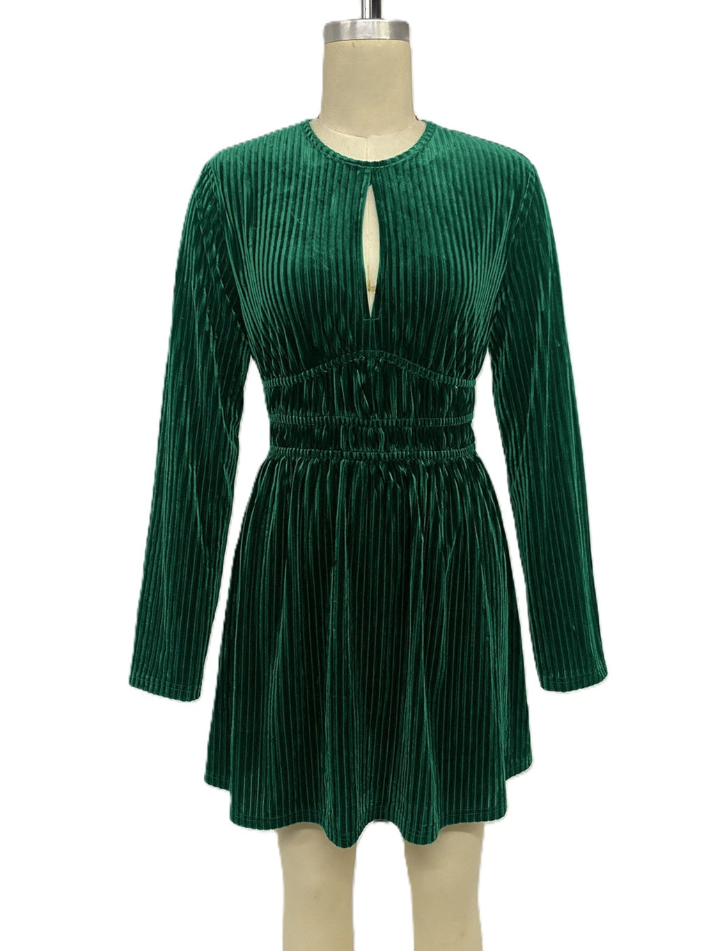 Dark Green Velvet Keyhole Long Sleeve Mini Dress - Dark_Green - 1
