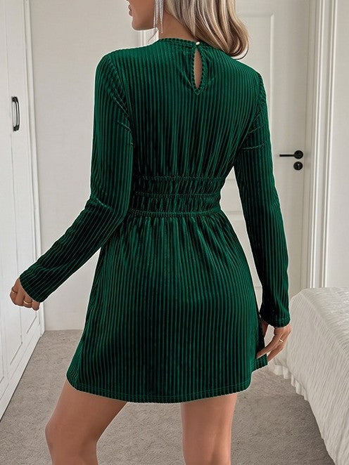 Dark Green Velvet Keyhole Long Sleeve Mini Dress - Dark_Green - 2