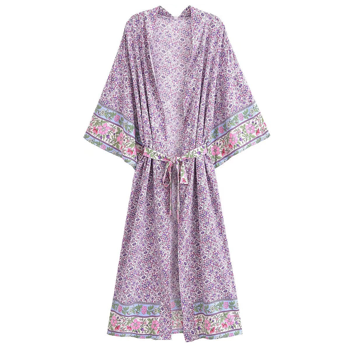 Long Ditsy Floral Kimono Robe With Sash - Lavender