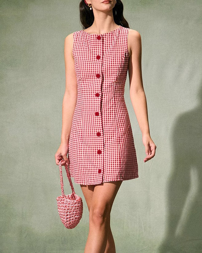 Red Gingham Sleeveless A-Line Mini Dress - Red - 1
