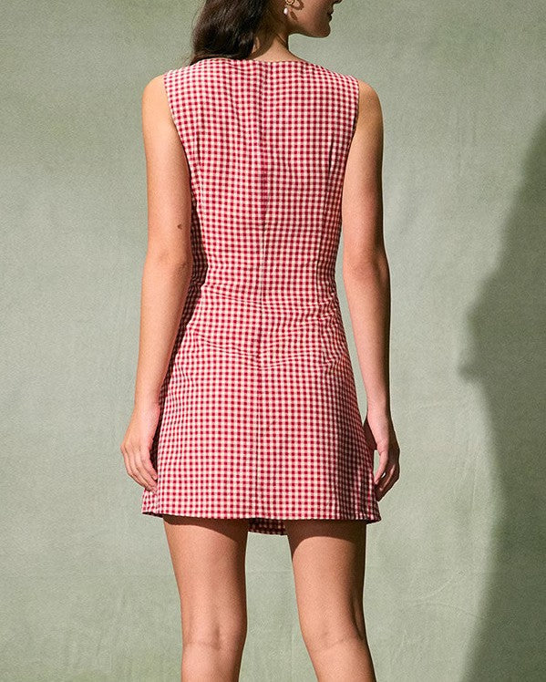 Red Gingham Sleeveless A-Line Mini Dress - Red - 2