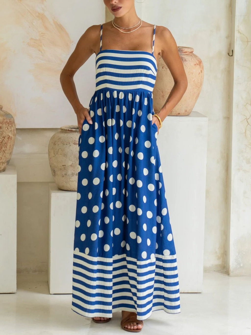 Polka Dot Stripe Smocked Maxi Sundress - Blue
