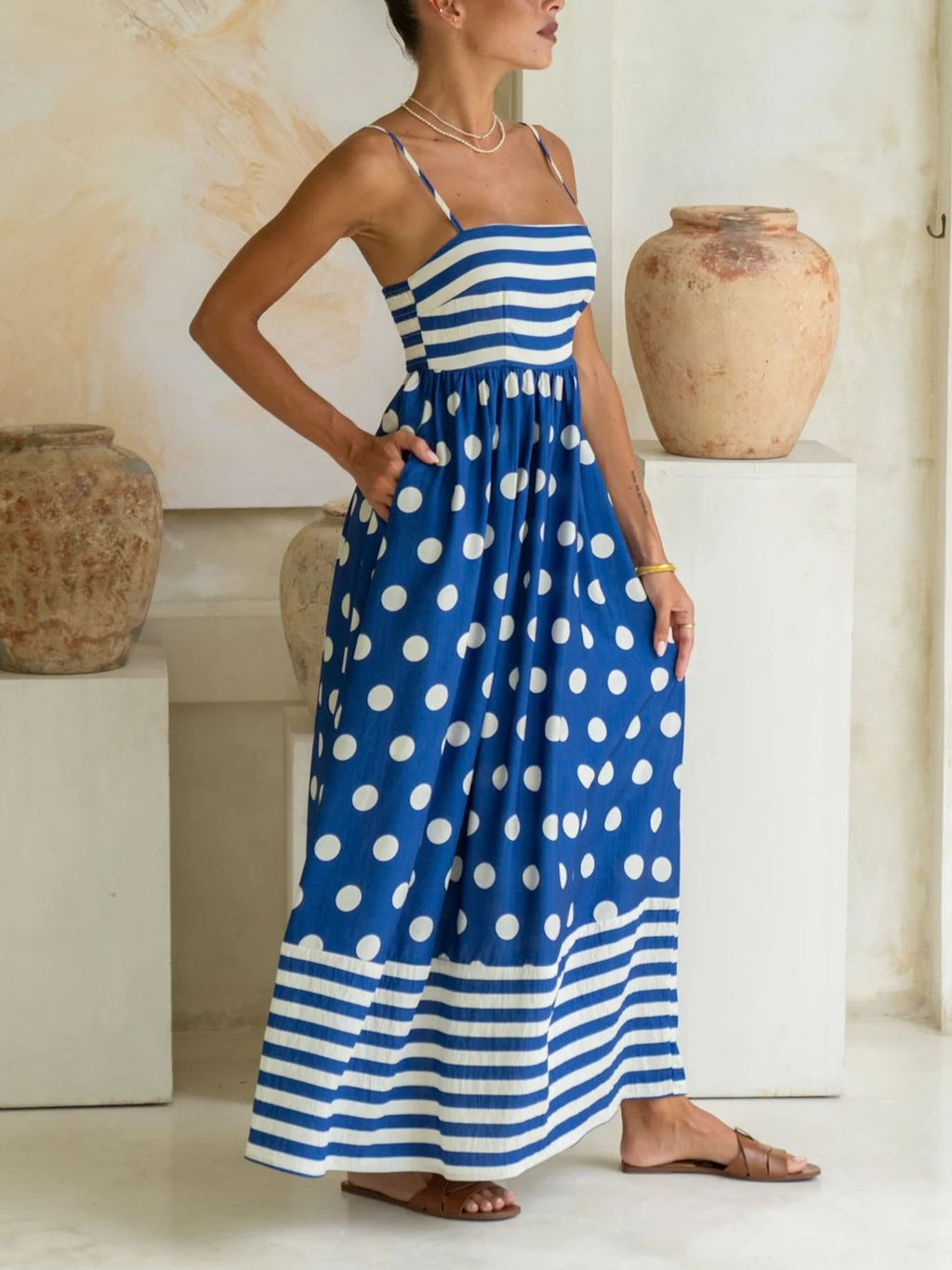 Polka Dot Stripe Smocked Maxi Sundress - Blue - 1