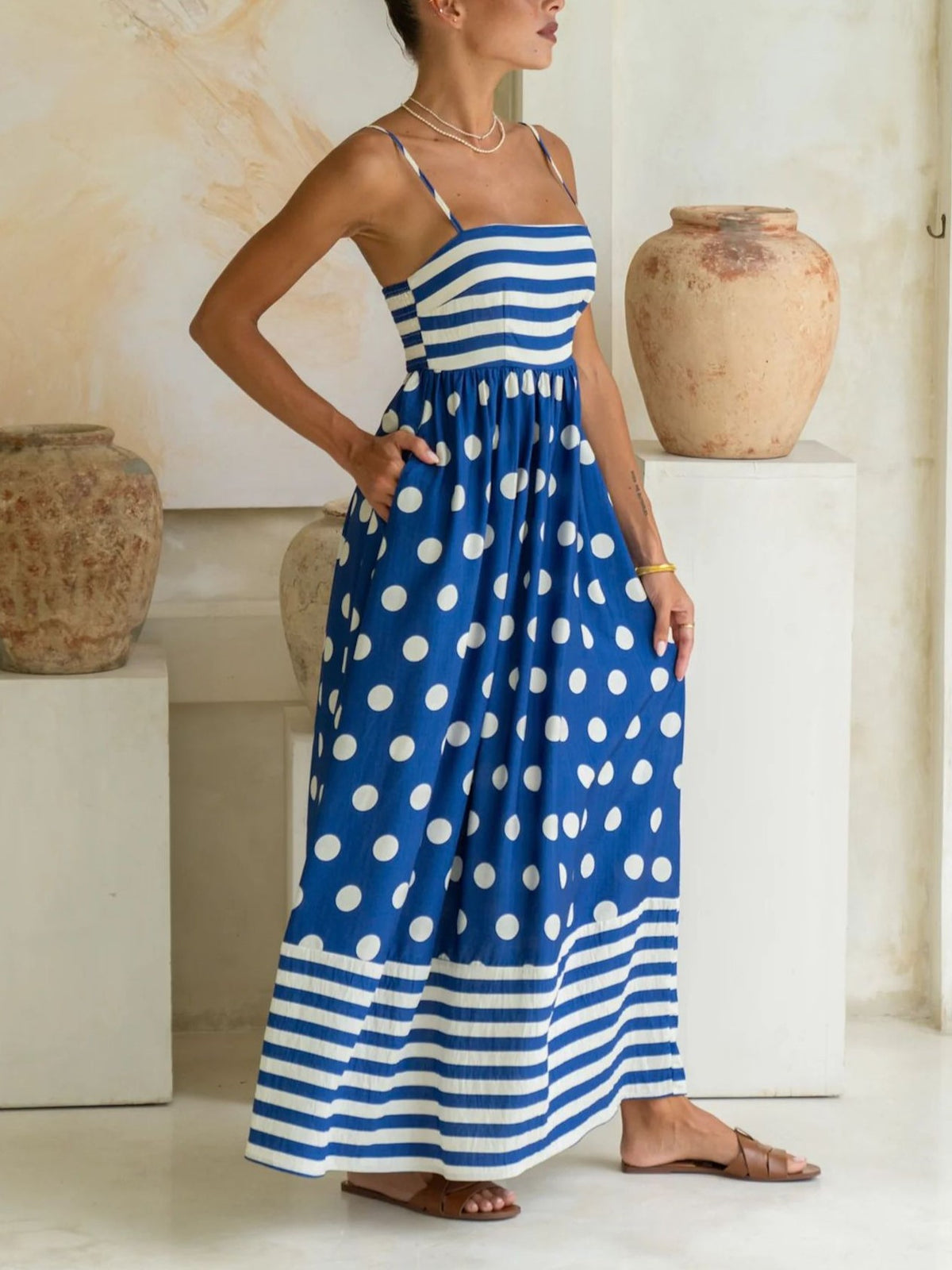 Polka Dot Stripe Smocked Maxi Sundress - Blue - 1