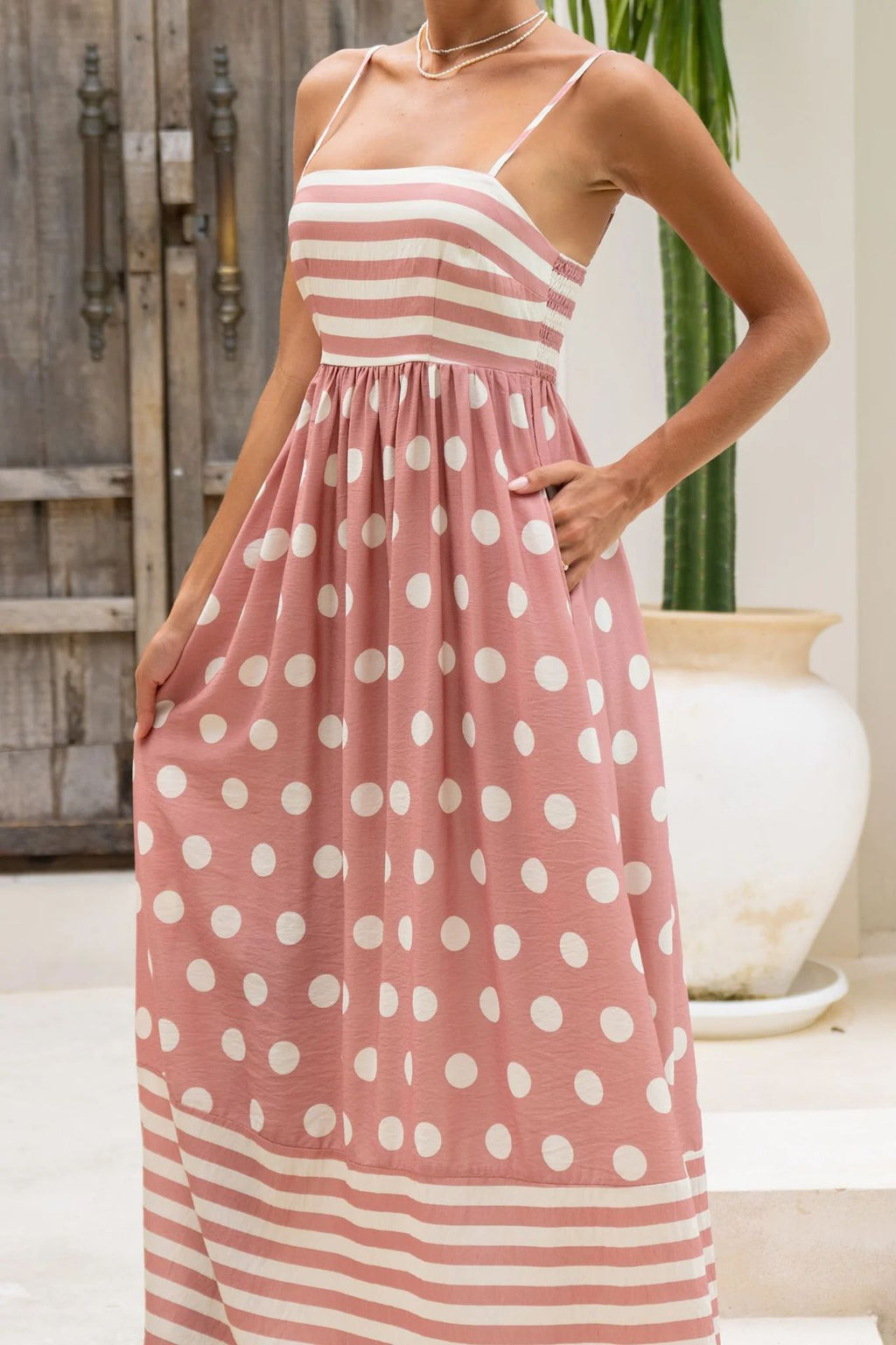 Polka Dot Stripe Smocked Maxi Sundress - Peach - 1