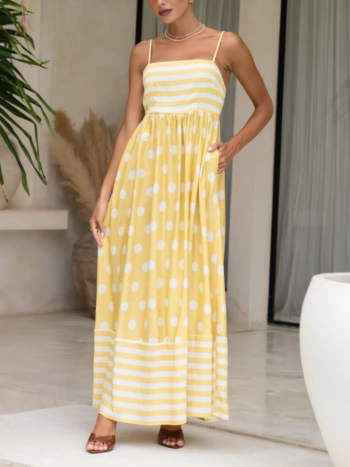 Polka Dot Stripe Smocked Maxi Sundress - Yellow