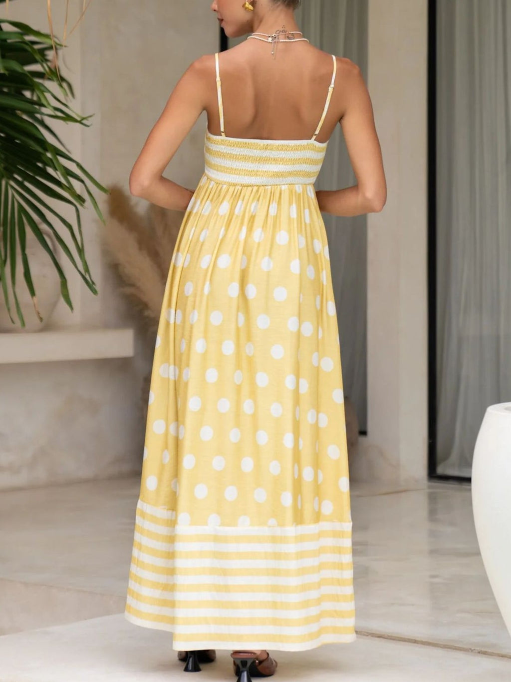 Polka Dot Stripe Smocked Maxi Sundress - Yellow - 1