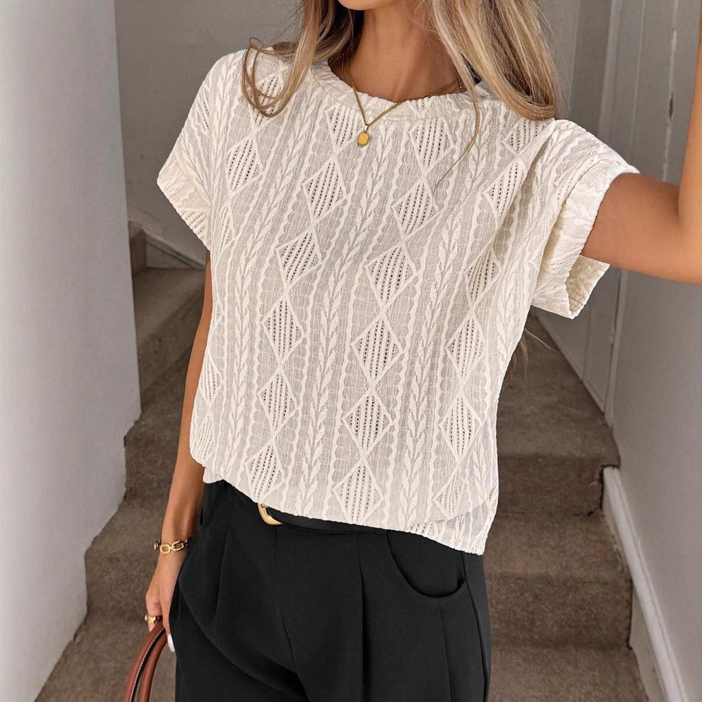 Textured Knit Boat Neck Short Sleeve Tee - Apricot