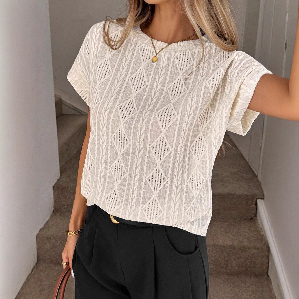 Textured Knit Boat Neck Short Sleeve Tee - Apricot
