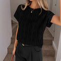 Textured Knit Boat Neck Short Sleeve Tee - Black