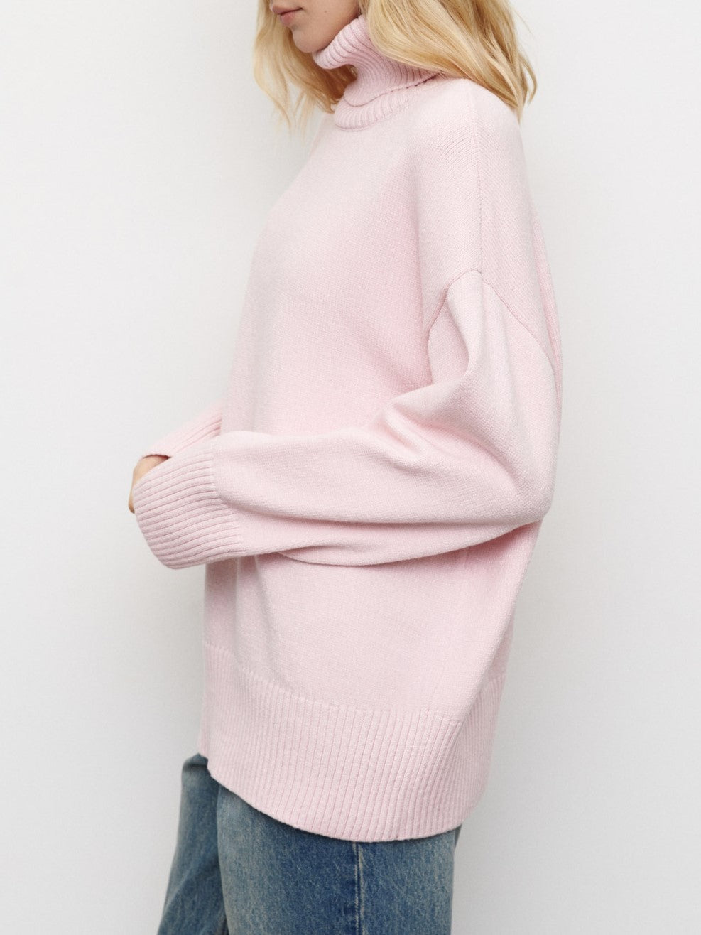 Oversized Turtleneck Drop Shoulder Knit Sweater - Pink