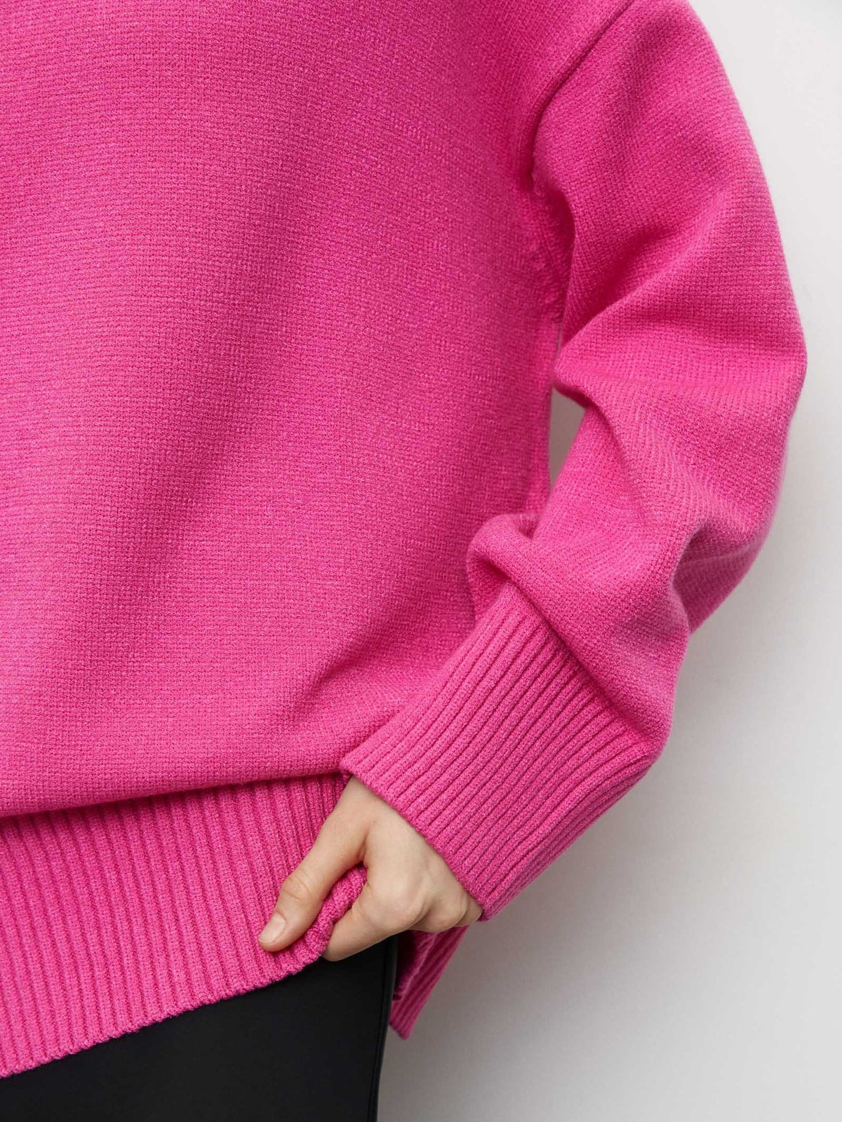 Oversized Turtleneck Drop Shoulder Knit Sweater - Rosered - 1