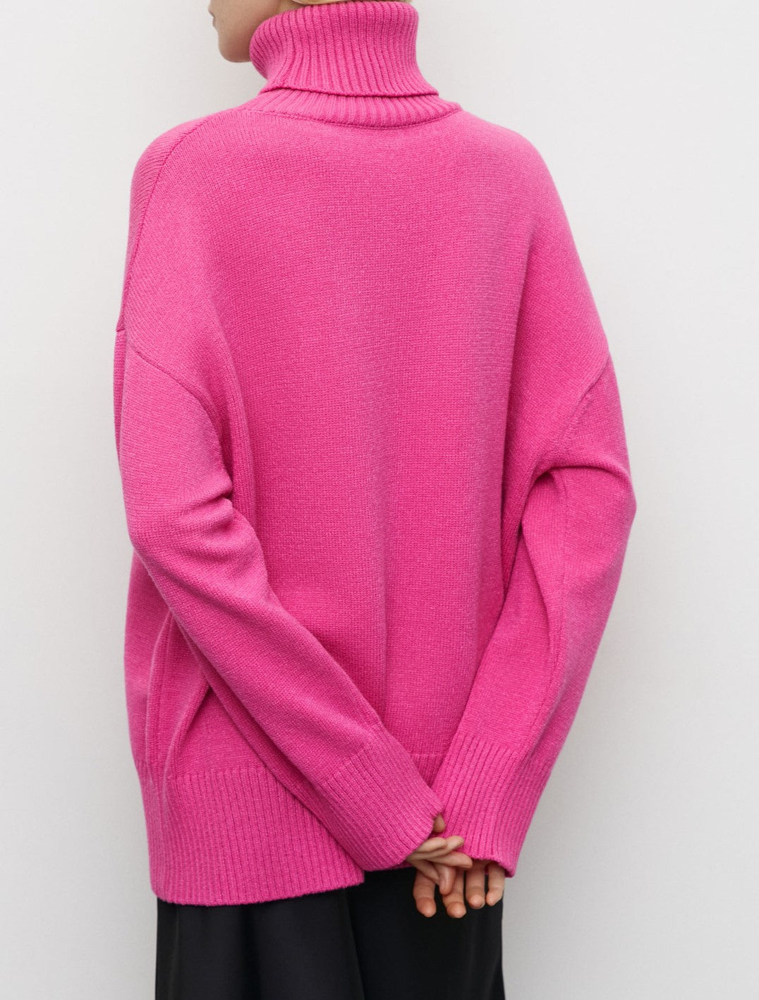Oversized Turtleneck Drop Shoulder Knit Sweater - Rosered - 2