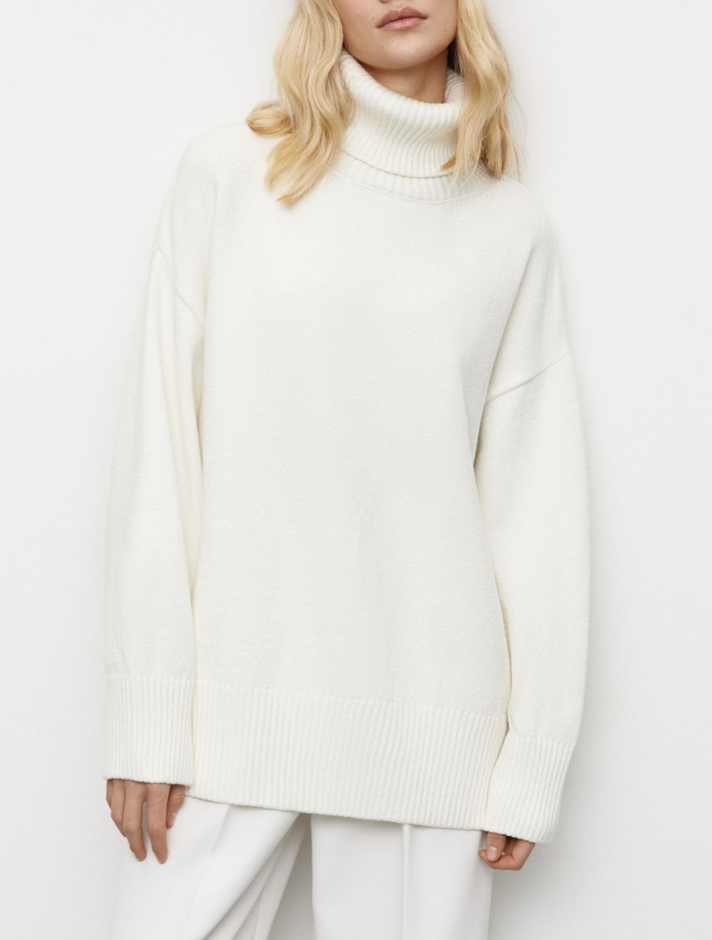 Oversized Turtleneck Drop Shoulder Knit Sweater - White