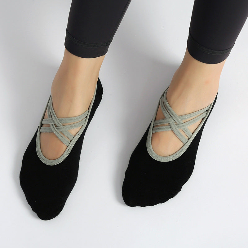 Criss Cross Strap Non Slip Pilates Socks - Black