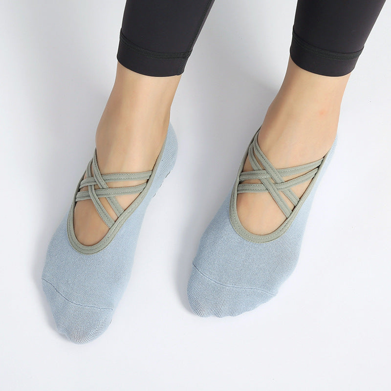 Criss Cross Strap Non Slip Pilates Socks - Blue