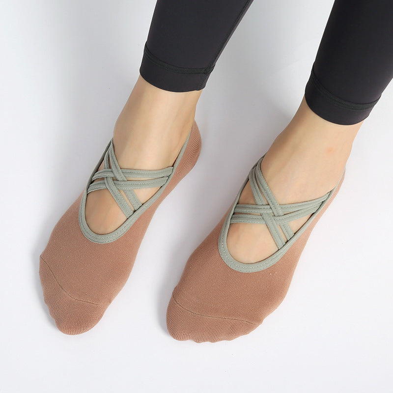 Criss Cross Strap Non Slip Pilates Socks - Coffee