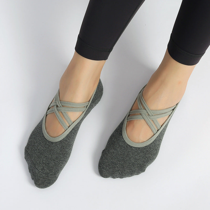 Criss Cross Strap Non Slip Pilates Socks - DarkGrey