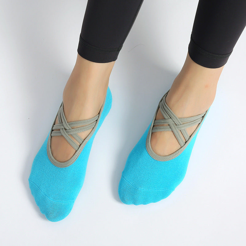 Criss Cross Strap Non Slip Pilates Socks - LakeBlue