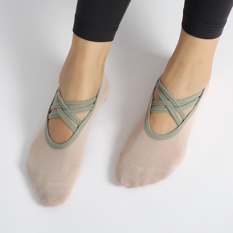 Criss Cross Strap Non Slip Pilates Socks - Pink