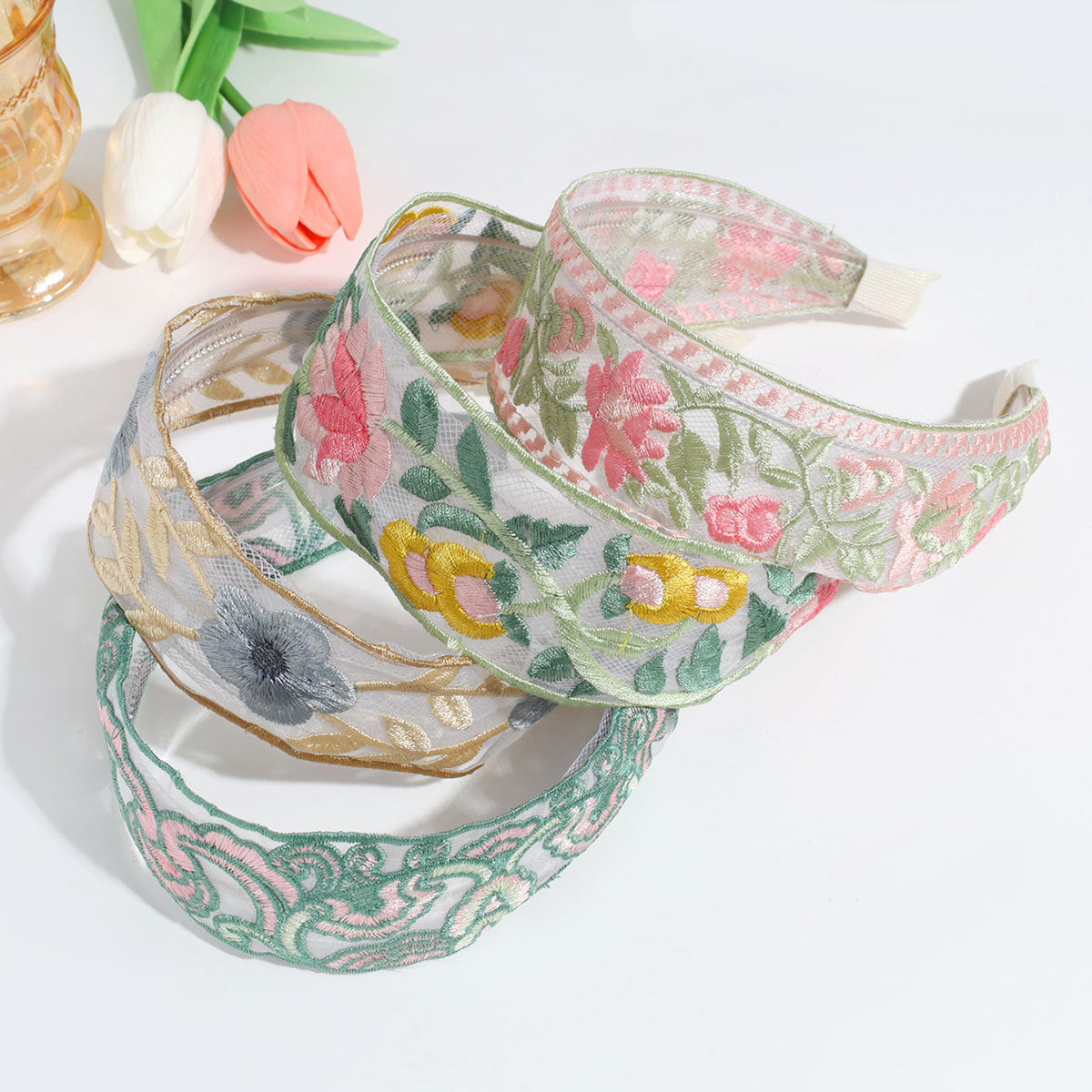 Sheer Mesh Headband with Boho Floral Embroidery