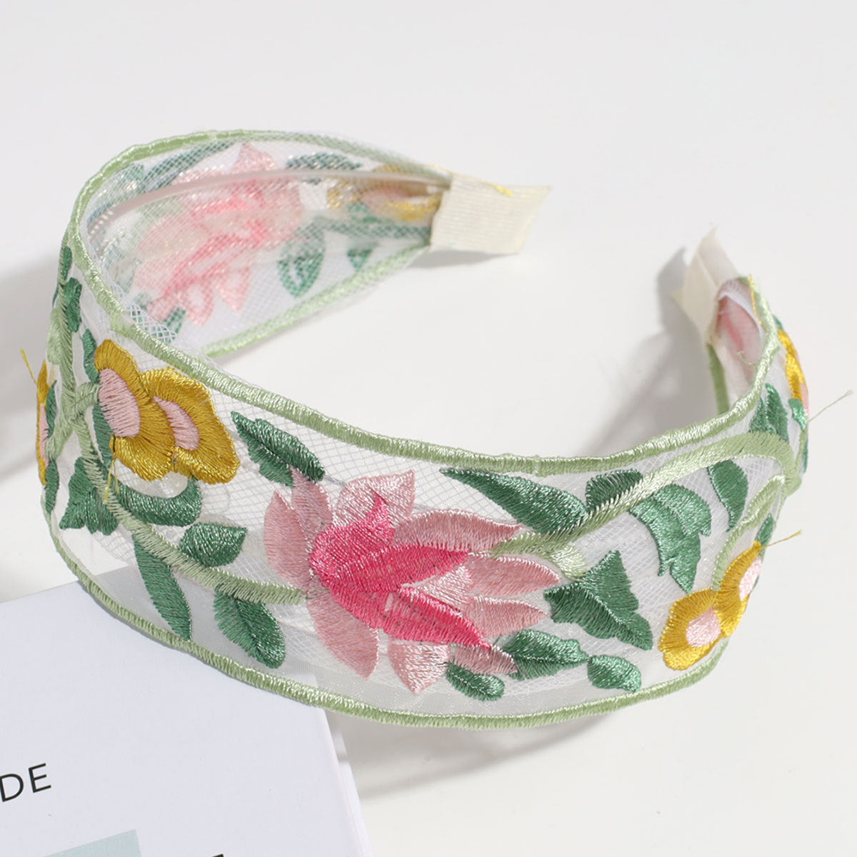 Sheer Mesh Headband with Boho Floral Embroidery - Flat Multi