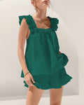 Ruffle Strap Cotton Pajama Short Set - Green