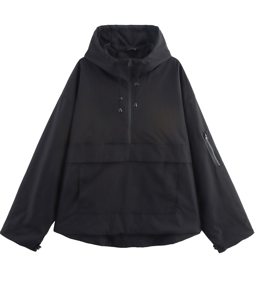 Half Zip Hooded Anorak Windbreaker Jacket - Black