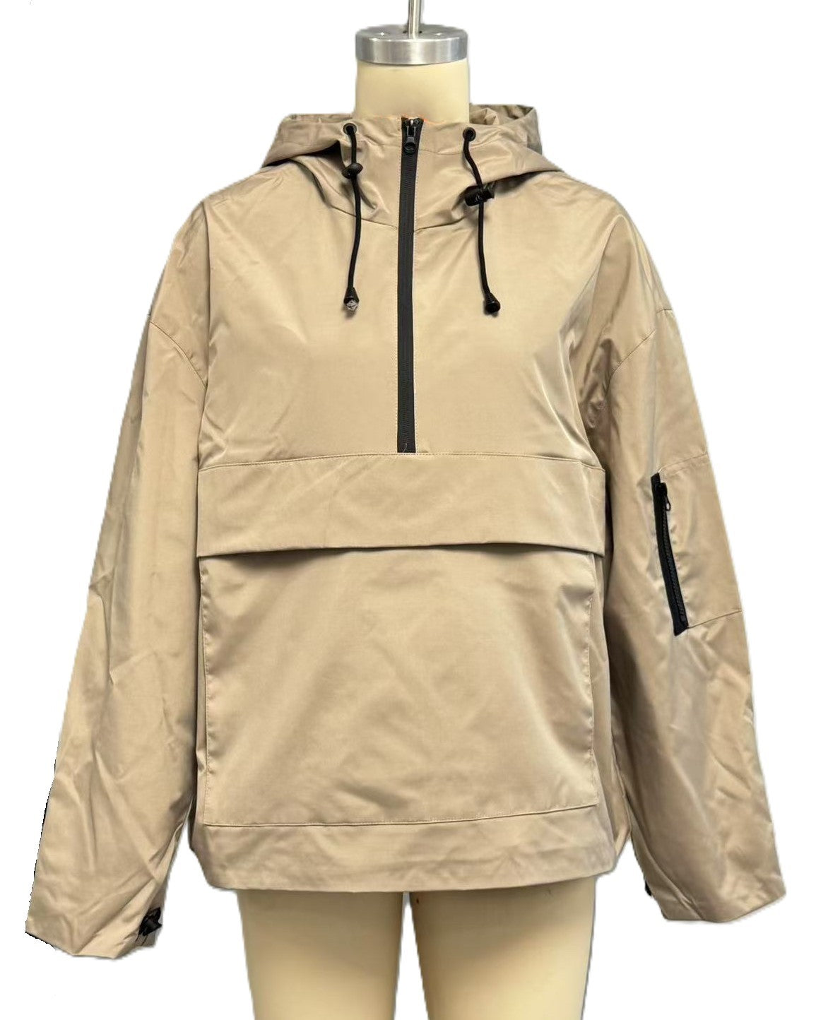 Half Zip Hooded Anorak Windbreaker Jacket - Khaki