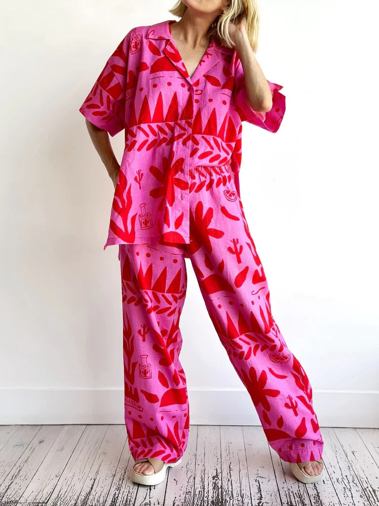 Graphic Leaf Print Linen Shirt And Pants Set - Rose Red