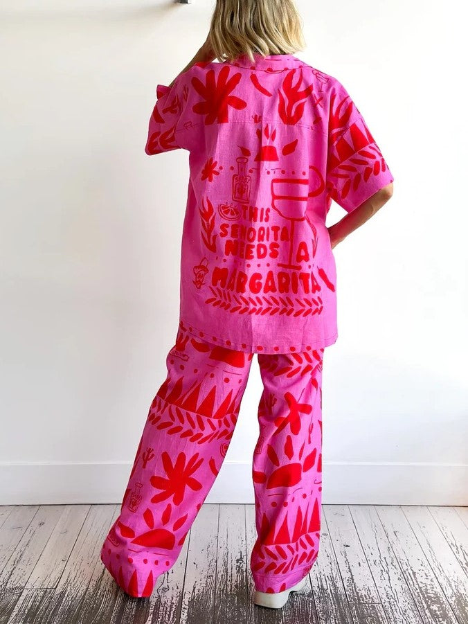 Graphic Leaf Print Linen Shirt And Pants Set - Rose Red - 1