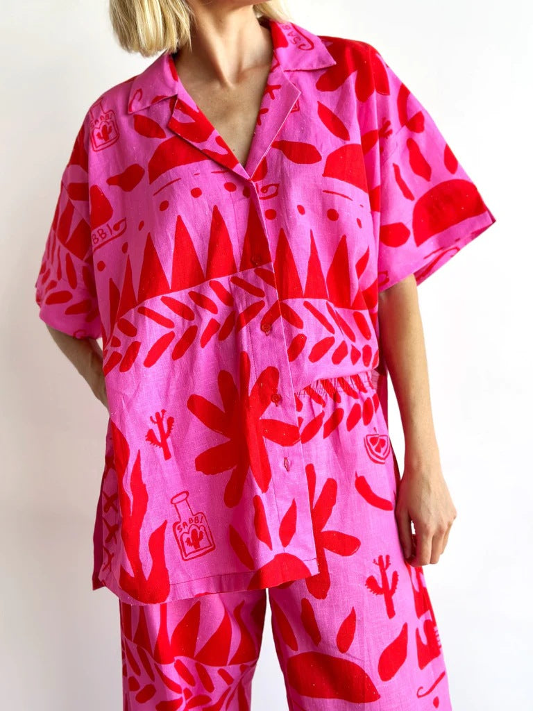 Graphic Leaf Print Linen Shirt And Pants Set - Rose Red - 2