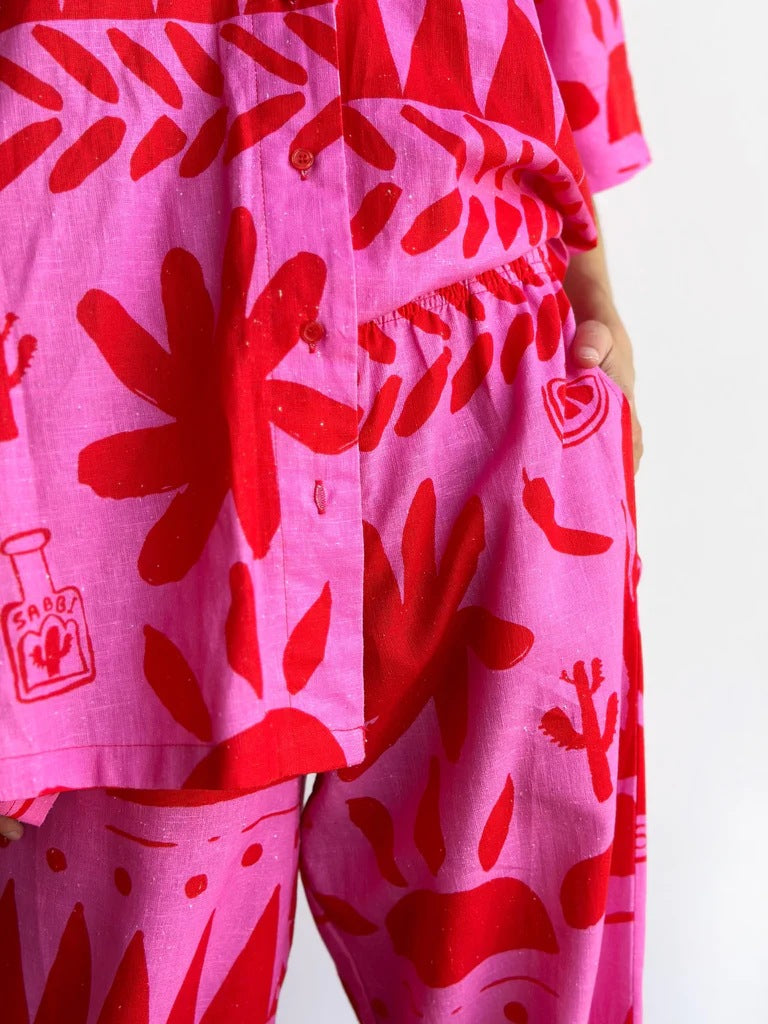 Graphic Leaf Print Linen Shirt And Pants Set - Rose Red - 3