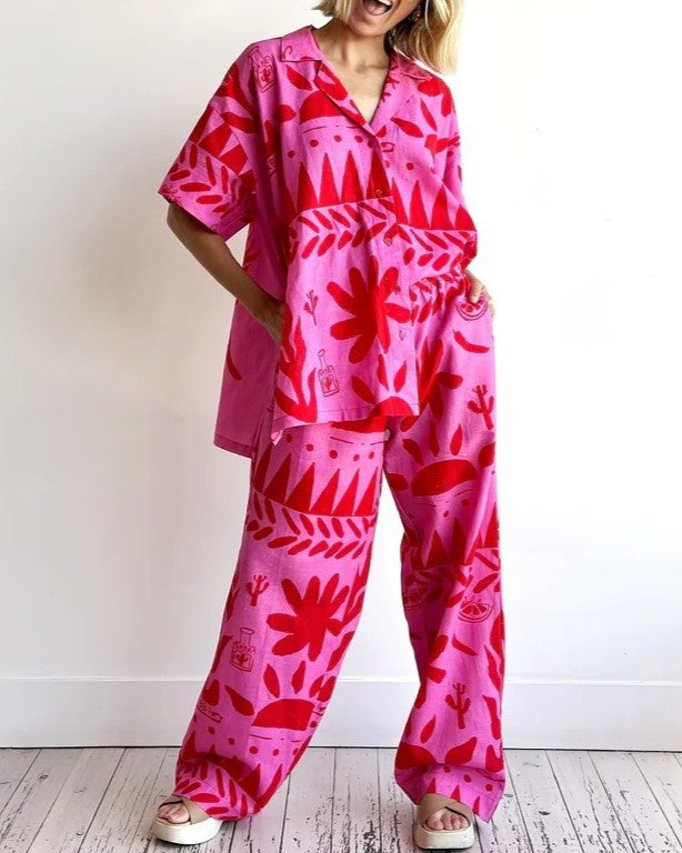 Graphic Leaf Print Linen Shirt And Pants Set