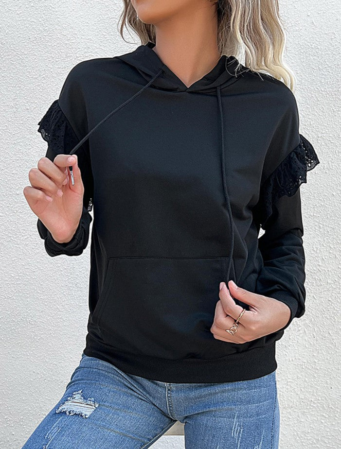 Lace Ruffle Shoulder Drawstring Hoodie - Black