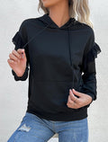 Lace Ruffle Shoulder Drawstring Hoodie - Black